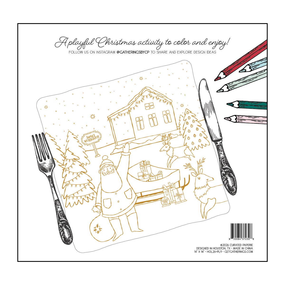 Back packaging of the Christmas coloring placemats displaying a styled image with silverware and colored pencils.