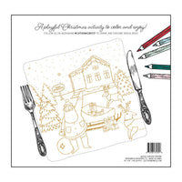 Back packaging of the Christmas coloring placemats displaying a styled image with silverware and colored pencils.