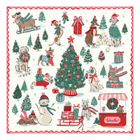 Christmas dogs jigsaw puzzle design with a red and pink wavy border, showing dogs in hats and scarves around a decorated tree, plus a snowman, presents, a sled and a wreath stand