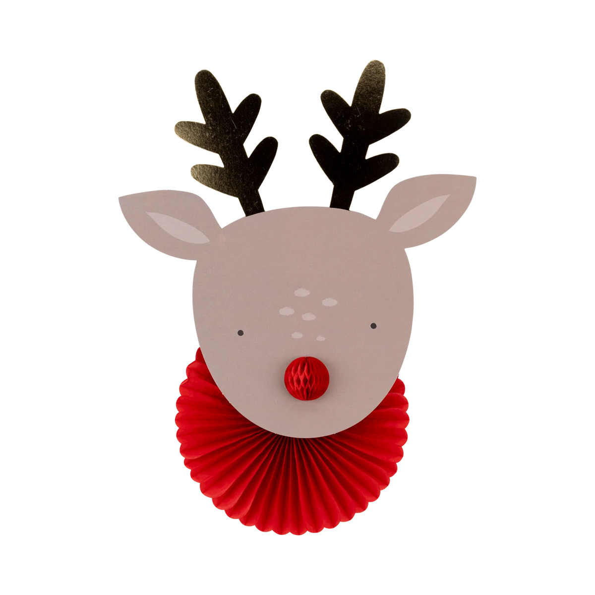 Close-up of reindeer with red tissue fan collar and gold antlers from Christmas hanging decorations set