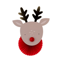 Close-up of reindeer with red tissue fan collar and gold antlers from Christmas hanging decorations set