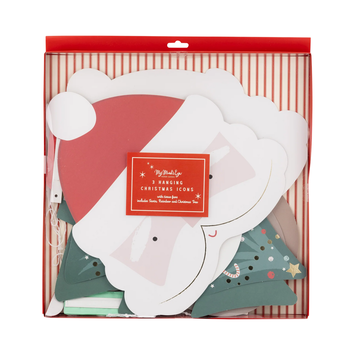 Front of boxed set containing three 3D Christmas hanging decorations with tissue fans
