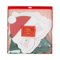 Front of boxed set containing three 3D Christmas hanging decorations with tissue fans