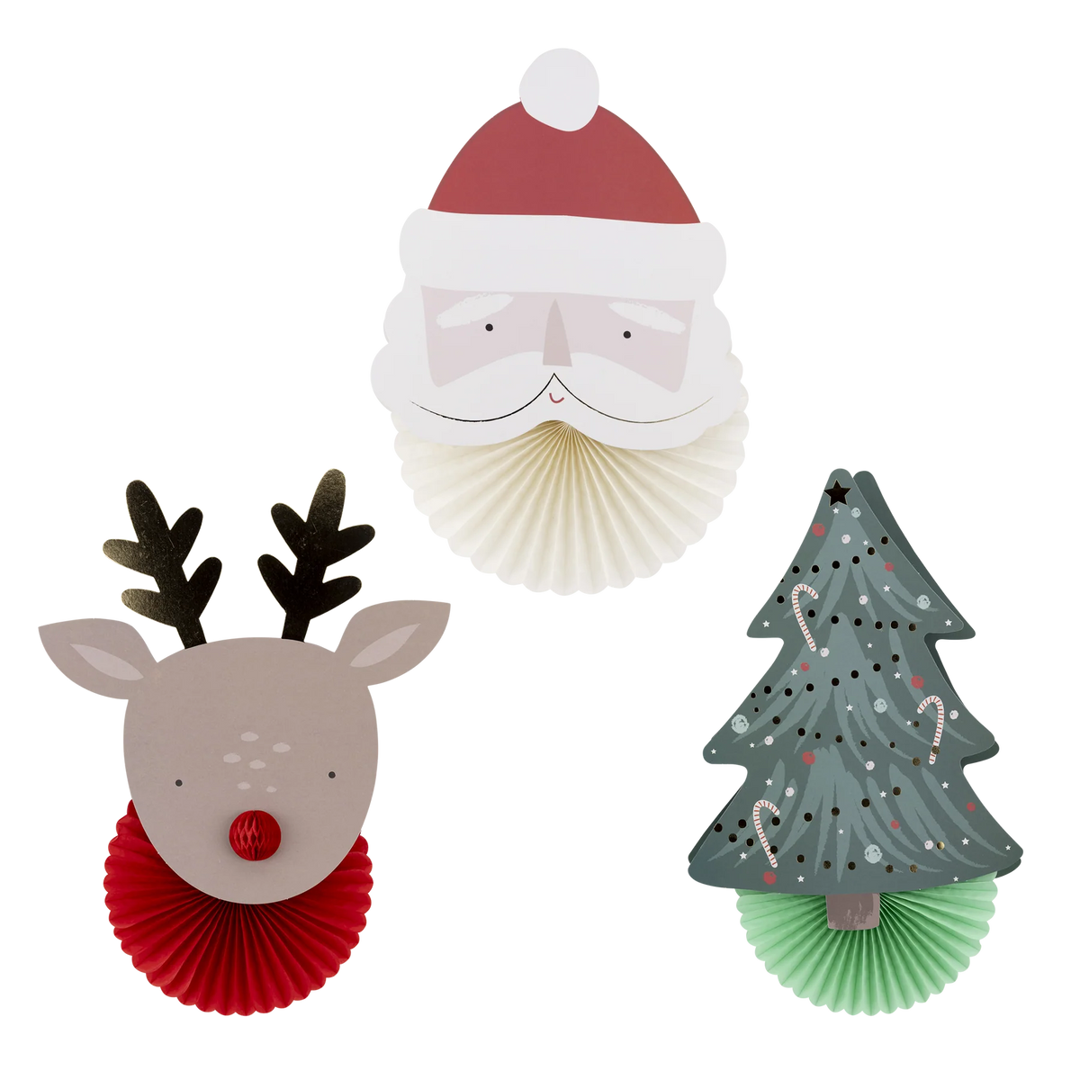 Trio view of all three pieces—Santa, reindeer, and tree with 3D tissue fans