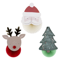 Trio view of all three pieces—Santa, reindeer, and tree with 3D tissue fans