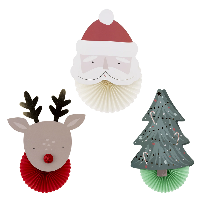 Trio view of all three pieces—Santa, reindeer, and tree with 3D tissue fans
