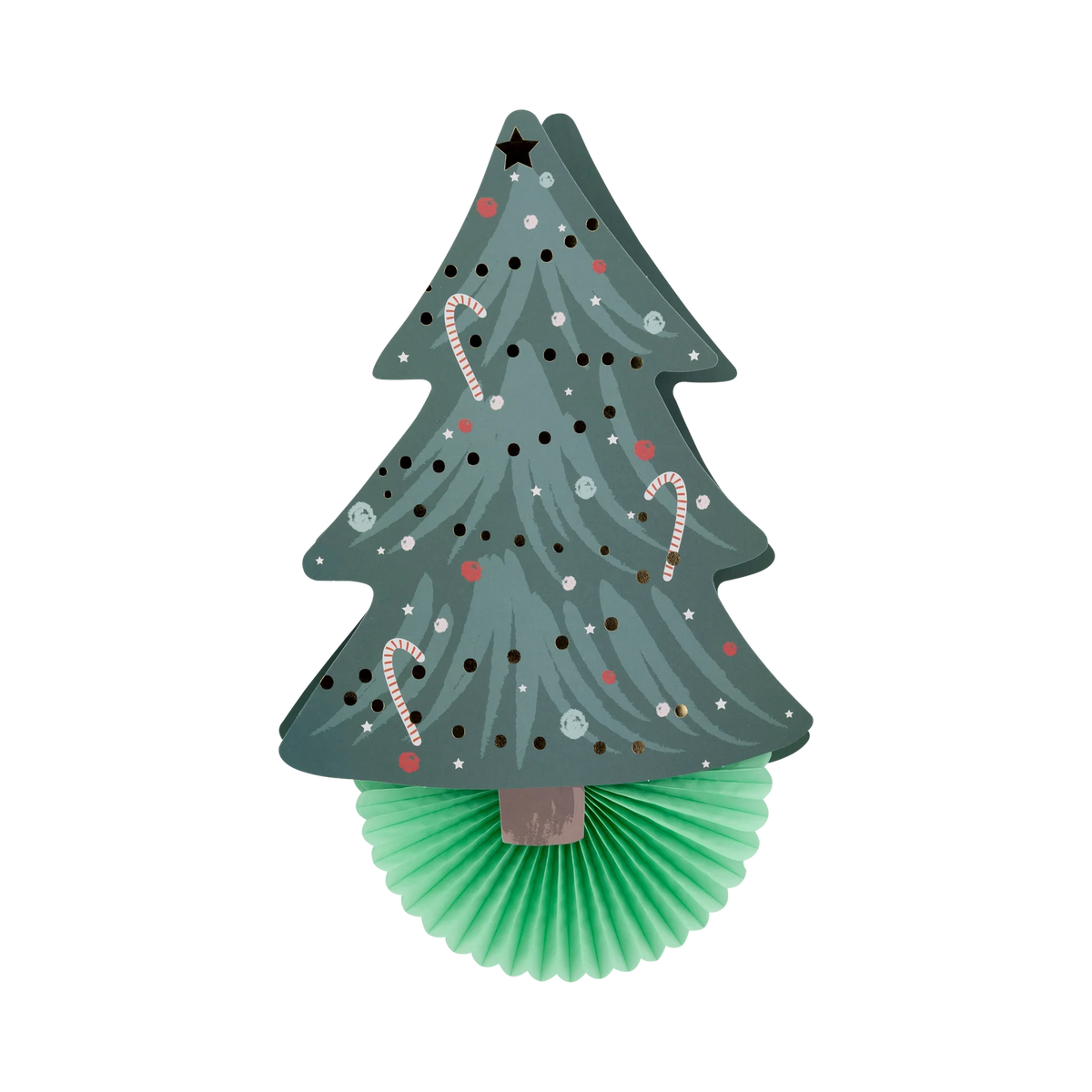 Close-up of Christmas tree with green tissue fan, part of 3D Christmas wall decor set