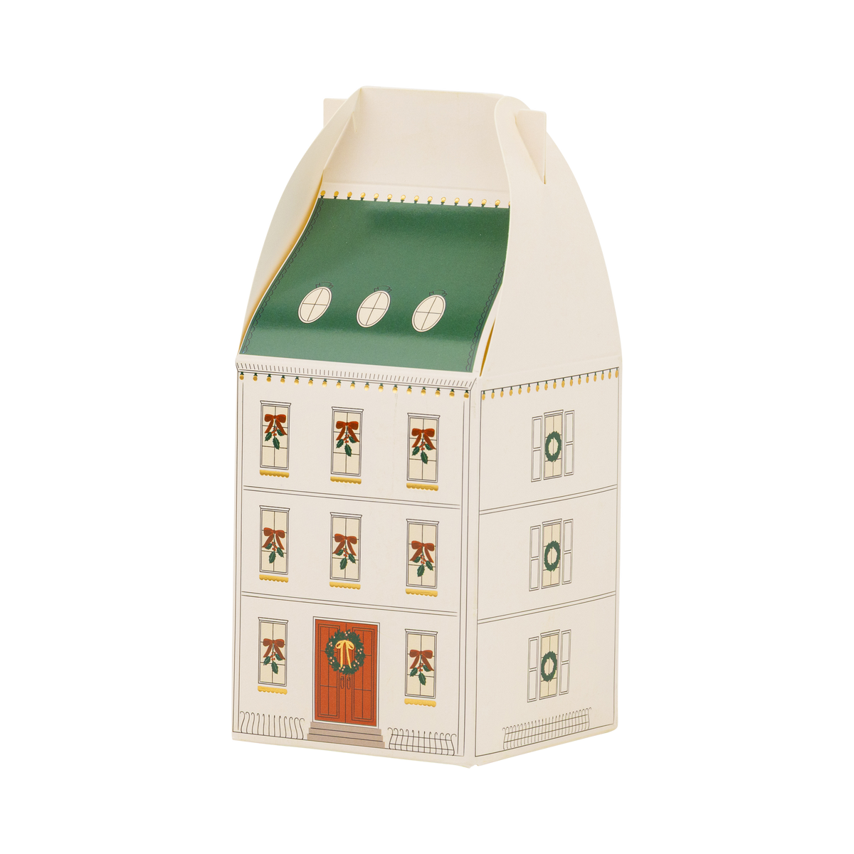 Cream house-shaped advent box with a green roof, oval dormer windows, and a red front door with a wreath