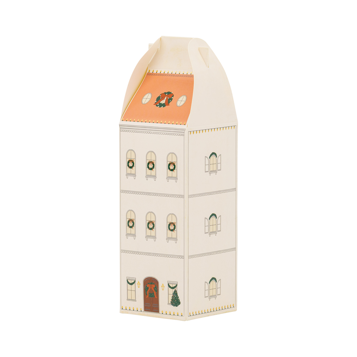 Tall cream townhouse advent box with a peach roof, arched windows, and a wreath on the front door