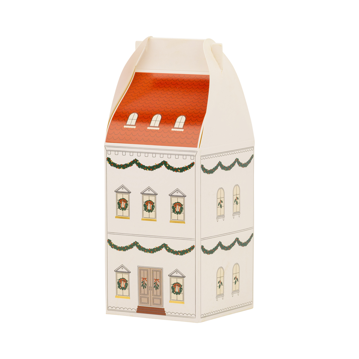 Cream house-shaped advent box with a red scalloped roof, garland swags, and wreaths in the windows