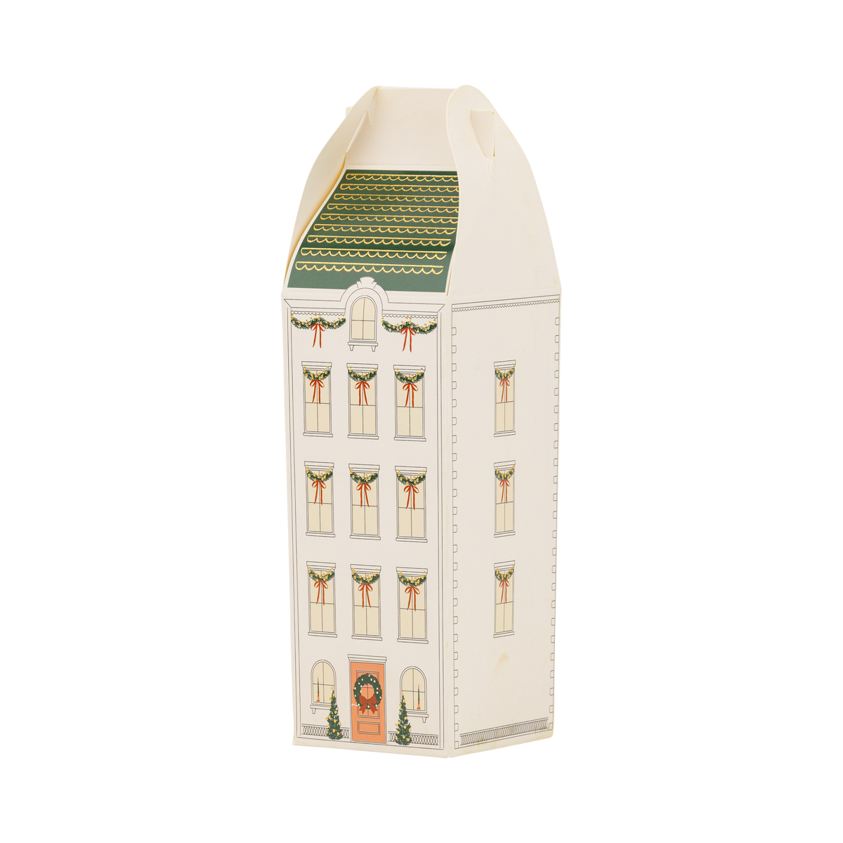 Tall cream townhouse advent box with a green and gold foil roof and garland over every window