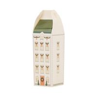 Tall cream townhouse advent box with a green and gold foil roof and garland over every window