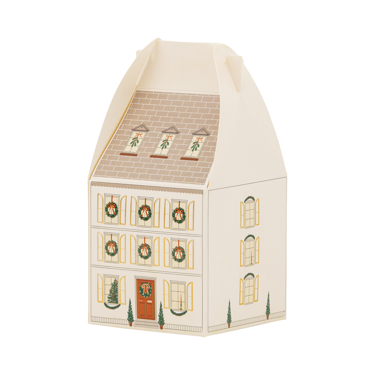 Cream house-shaped advent box with a taupe roof, gold foil shutters, wreaths, and potted topiaries by the door