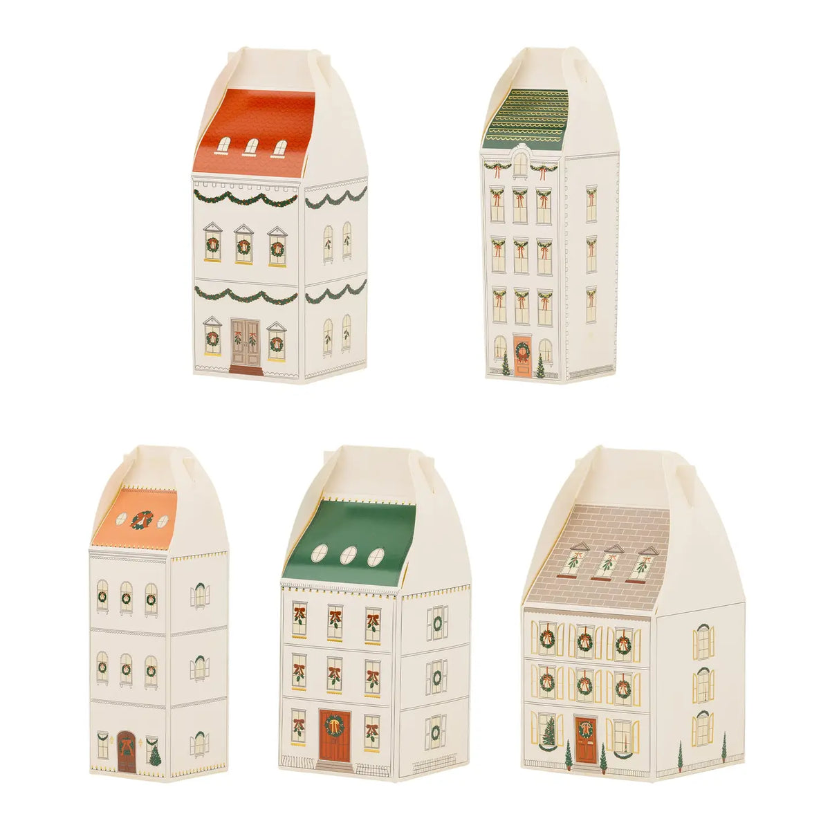 5 cream house-shaped Christmas advent boxes with red, green, peach, and taupe roofs and wreaths in the windows
