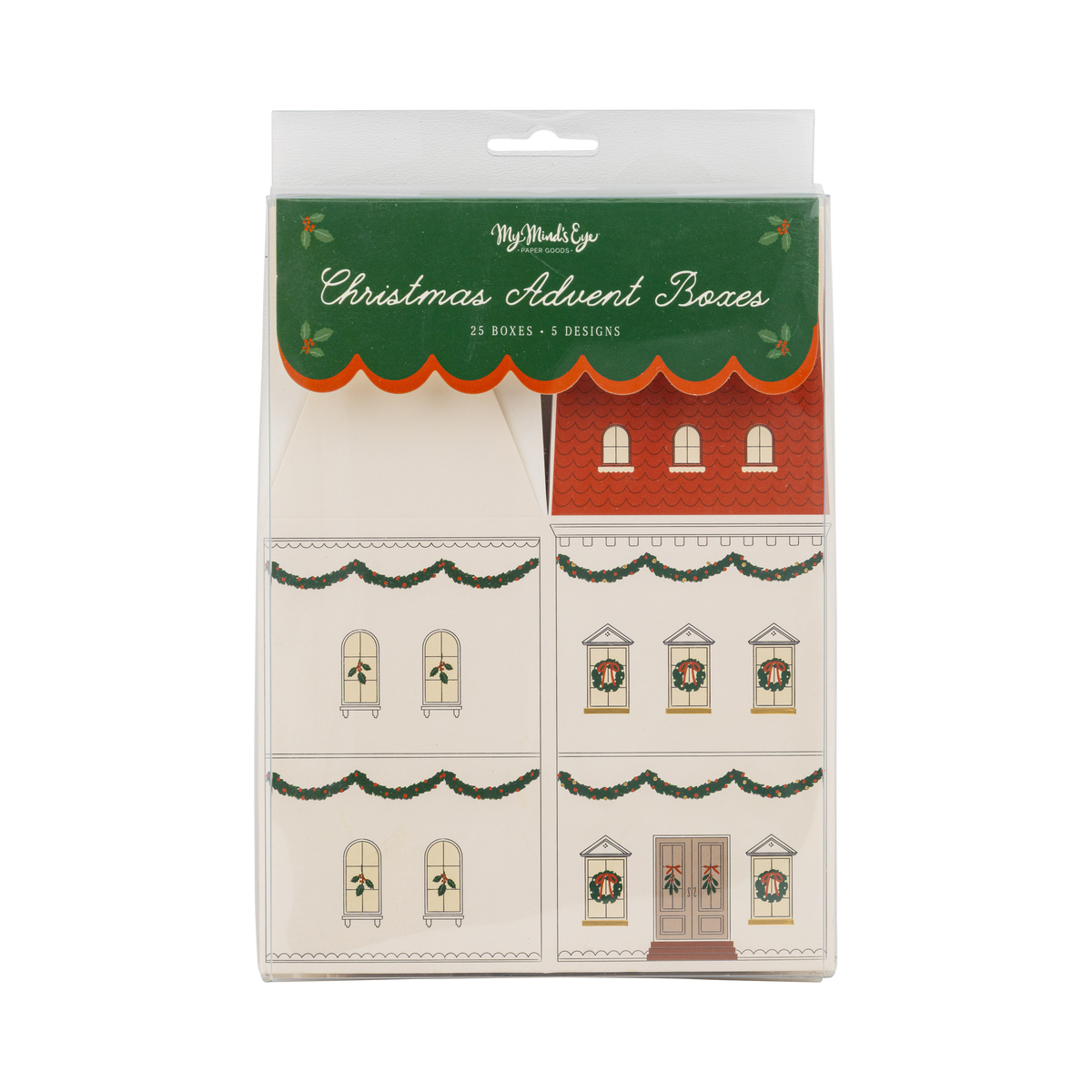 Set of 25 Christmas house advent boxes in clear packaging, front view