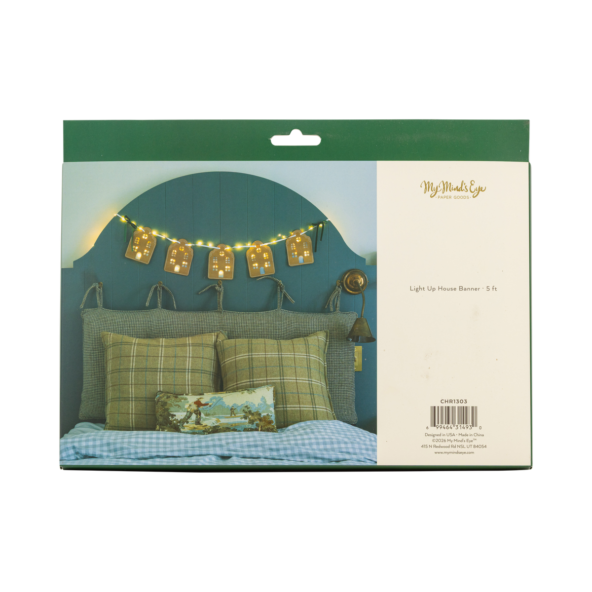Back of the light-up house banner packaging with a styled bedroom photo.