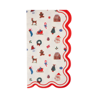 Cream paper dinner napkin with retro Christmas icons and a wavy red and white striped edge