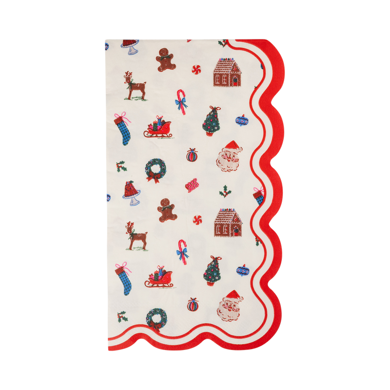 Cream paper dinner napkin with retro Christmas icons and a wavy red and white striped edge