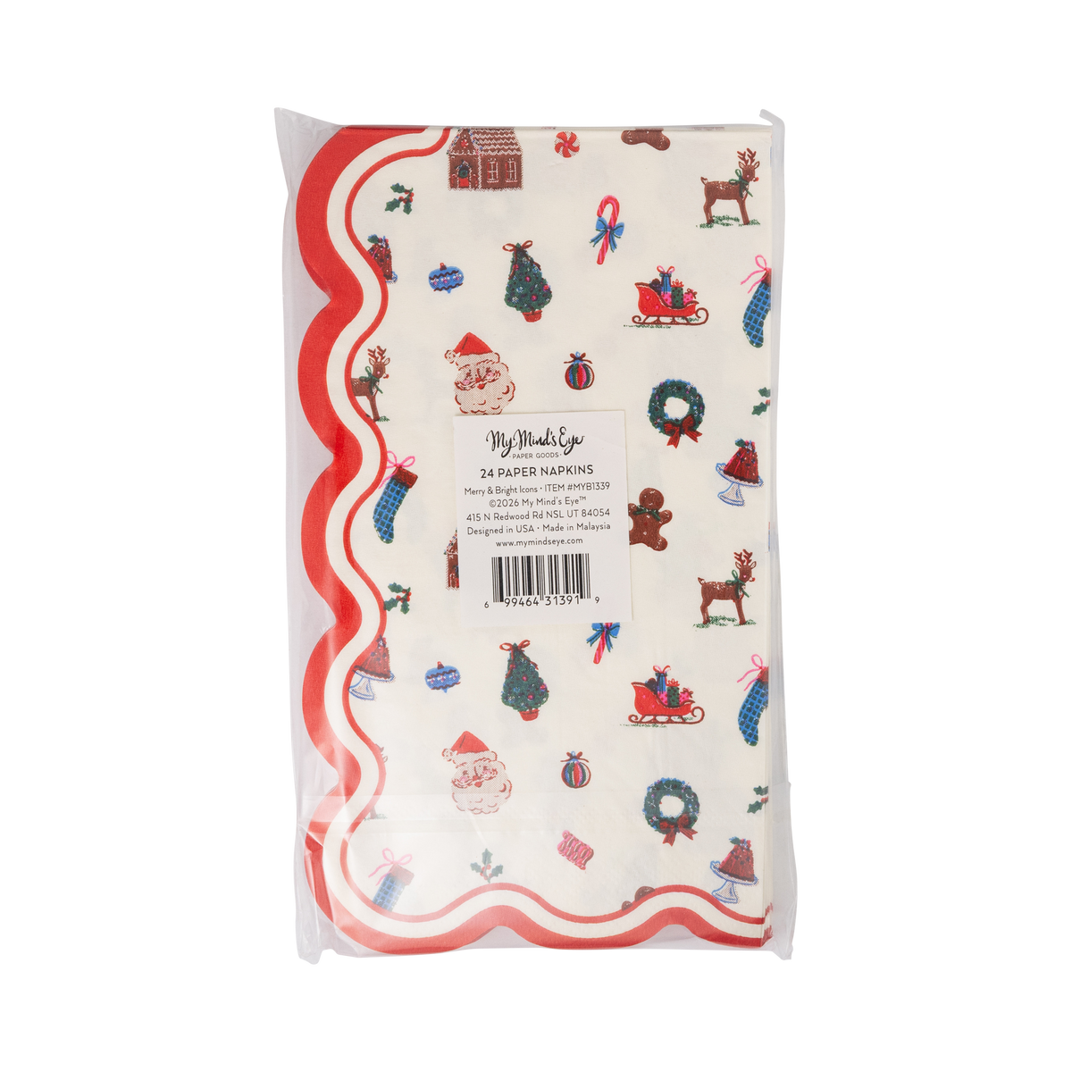 Back of Christmas icon paper dinner napkin pack showing label for 24 napkins