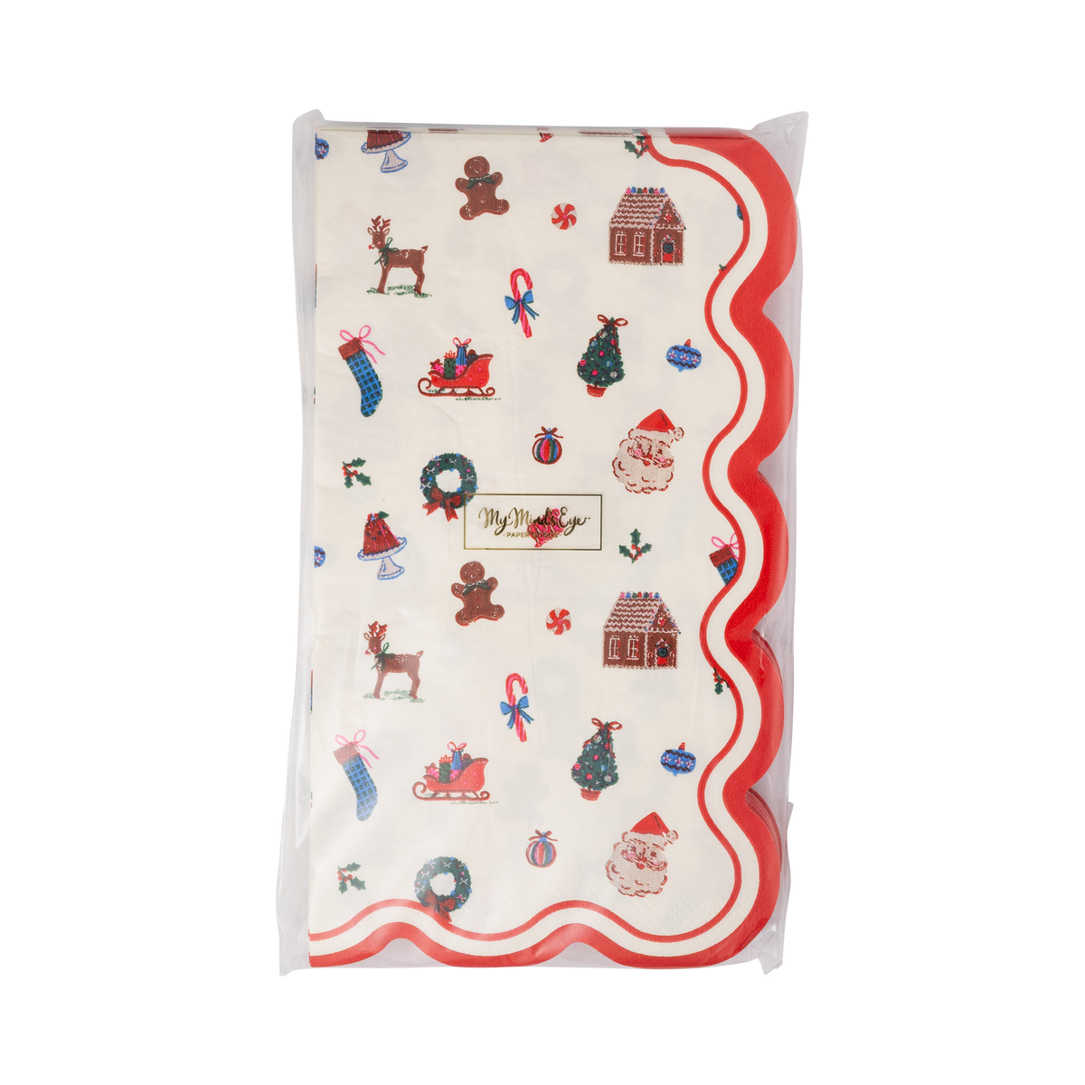 Pack of Christmas icon paper dinner napkins with wavy red and white edge