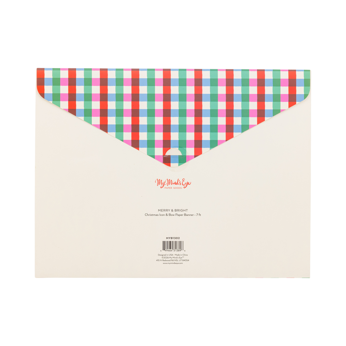 Back of Christmas icon paper garland envelope with multicolor gingham flap