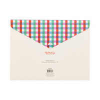 Back of Christmas icon paper garland envelope with multicolor gingham flap