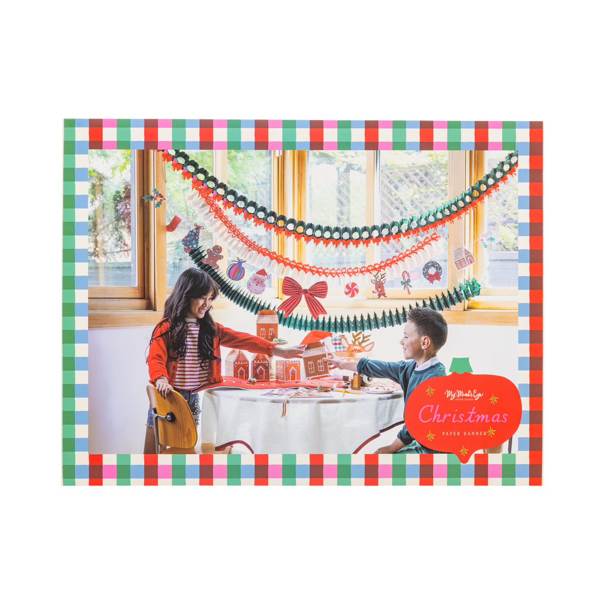 Front of Christmas icon paper garland package with gingham border and party photo