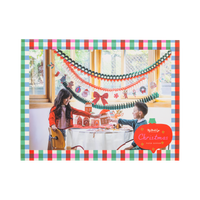 Front of Christmas icon paper garland package with gingham border and party photo