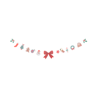 Christmas icon paper garland with holly, stocking, tree, gingerbread man, ornament, Santa, red bow, peppermint, reindeer, candy cane, wreath, and gingerbread house