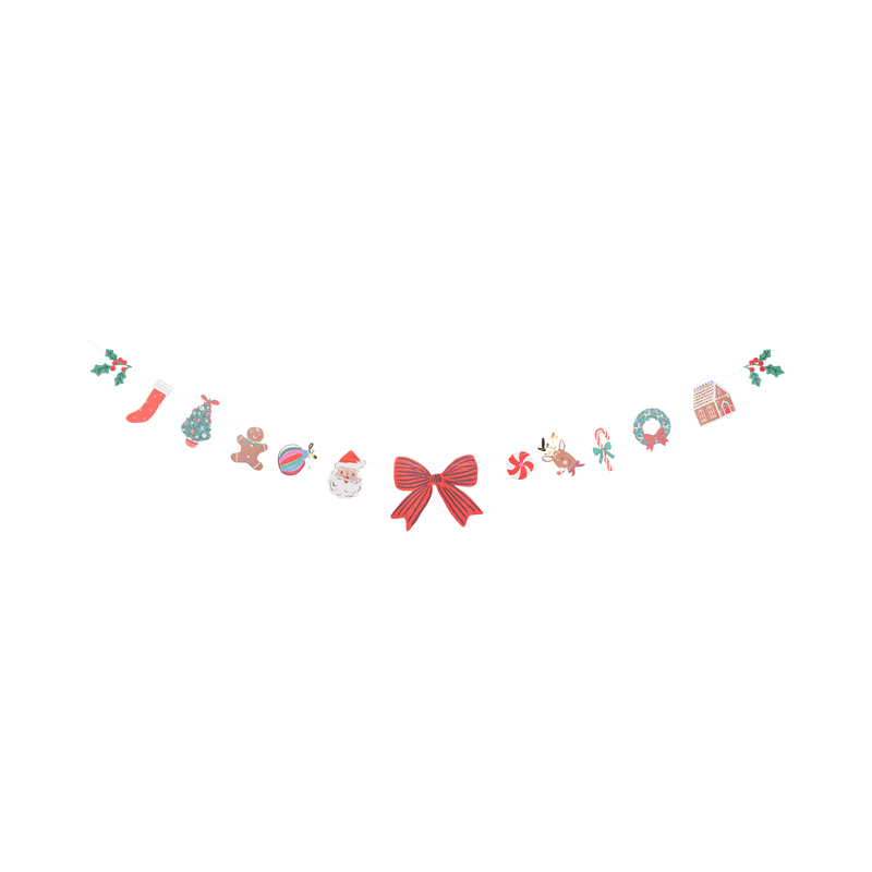 Christmas icon paper garland with holly, stocking, tree, gingerbread man, ornament, Santa, red bow, peppermint, reindeer, candy cane, wreath, and gingerbread house