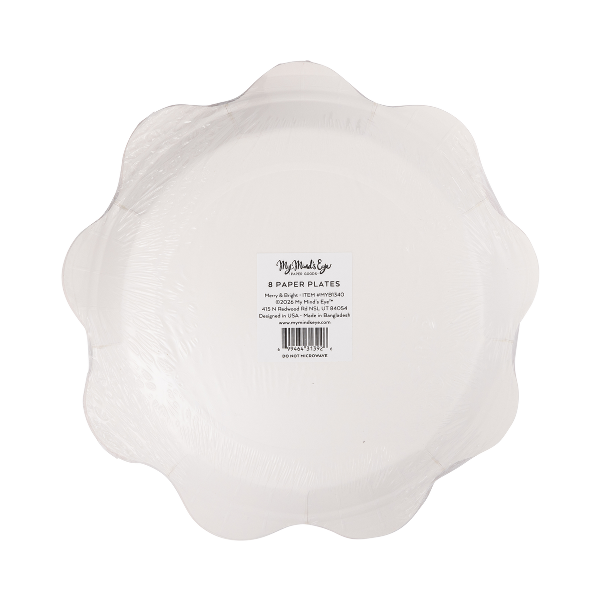 Back of Christmas icon paper plate pack showing label for 8 paper plates