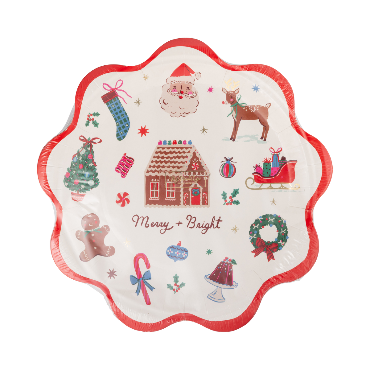 Stack of Merry + Bright Christmas icon paper plates in clear packaging
