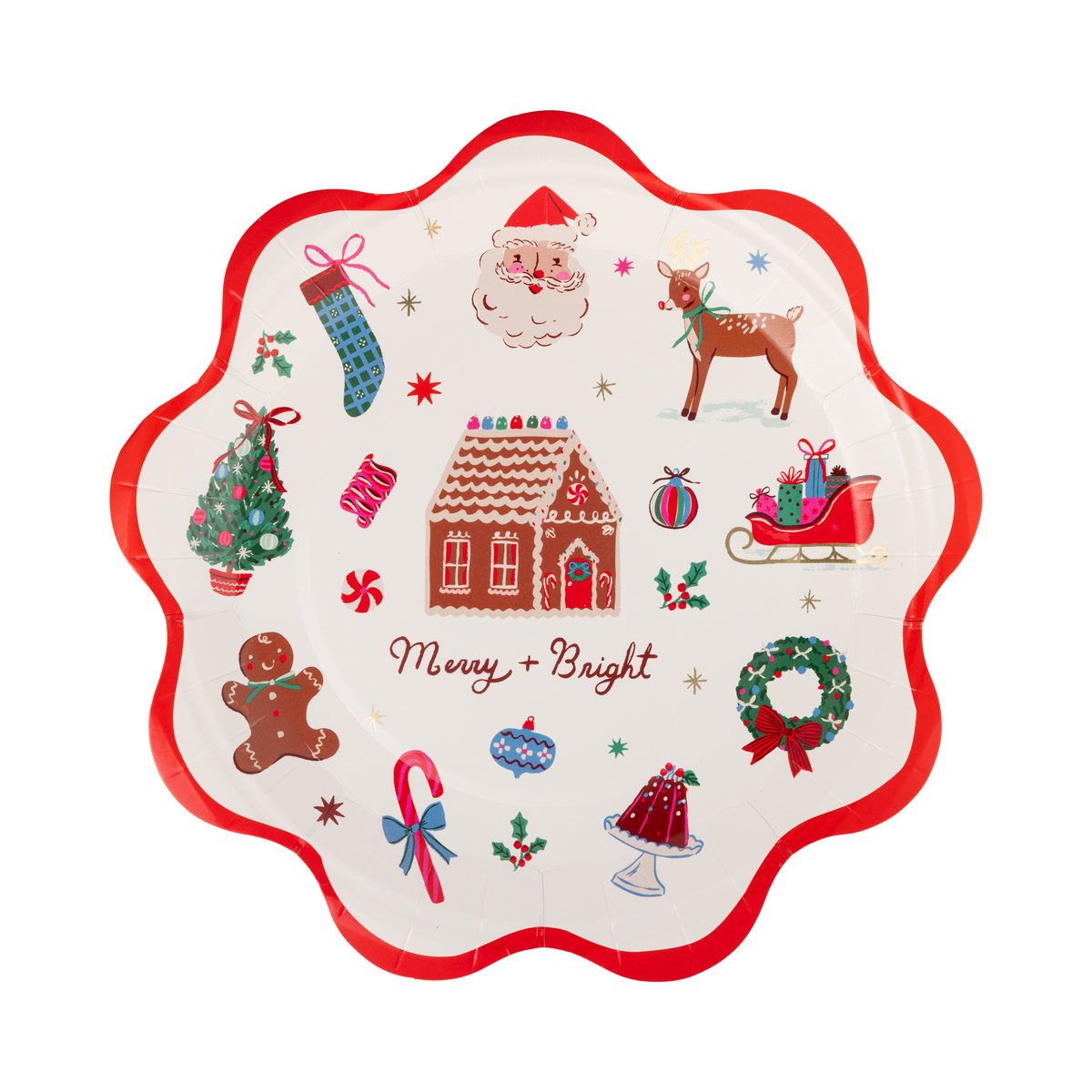 Cream paper plate with retro Christmas icons, Merry + Bright script, gold foil stars, and a wavy red edge