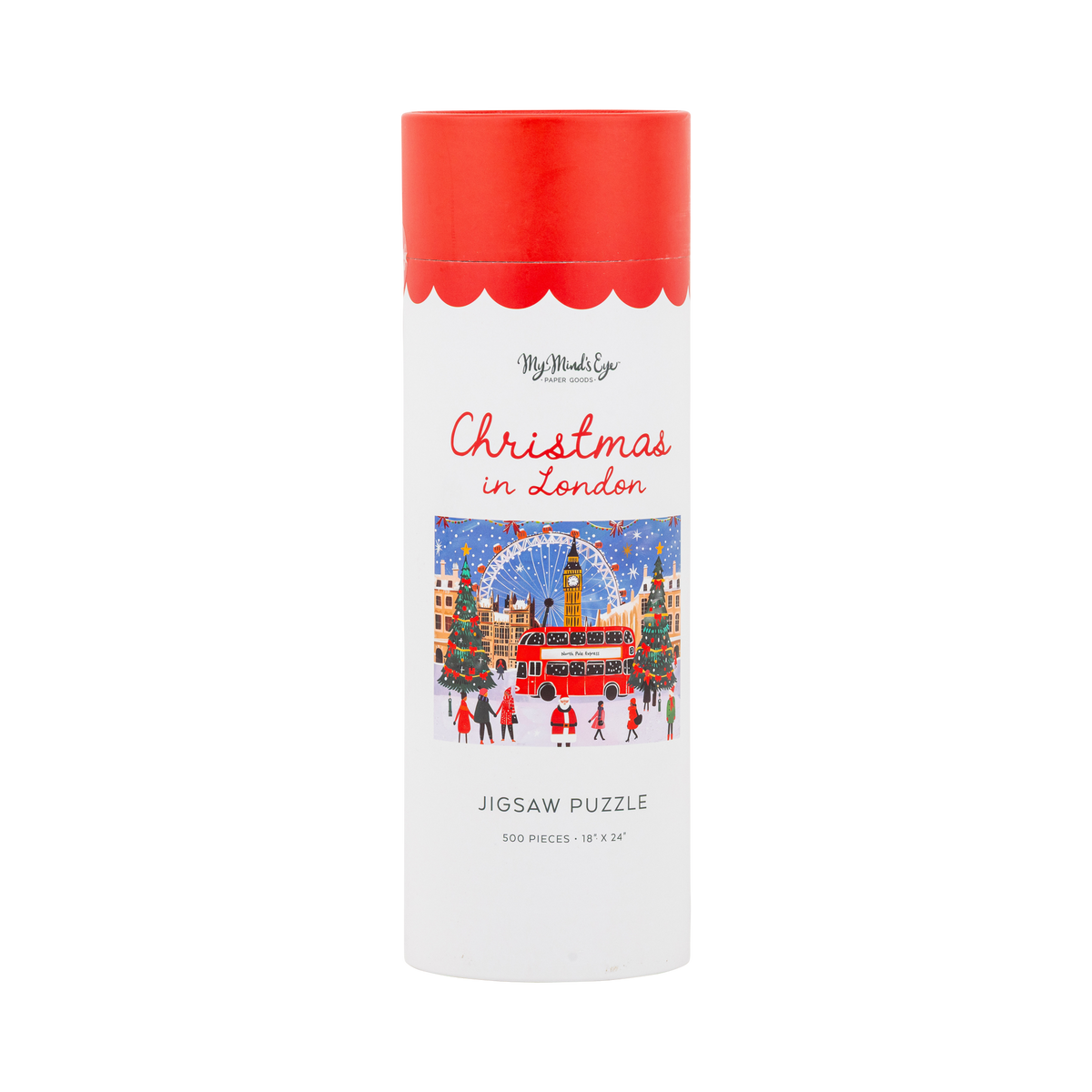 Christmas in London 500 piece jigsaw puzzle tube with a bright London Christmas street scene