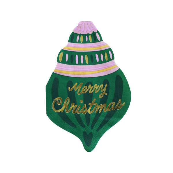 Die-cut Christmas ornament shaped napkin in green with "Merry Christmas" in gold script and pink-and-white banded detailing, front view on white background.