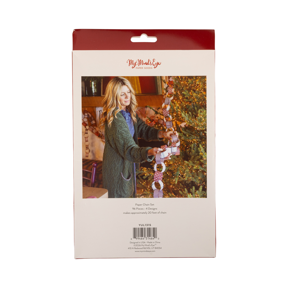 Back of a Christmas paper chain kit package showing the finished garland