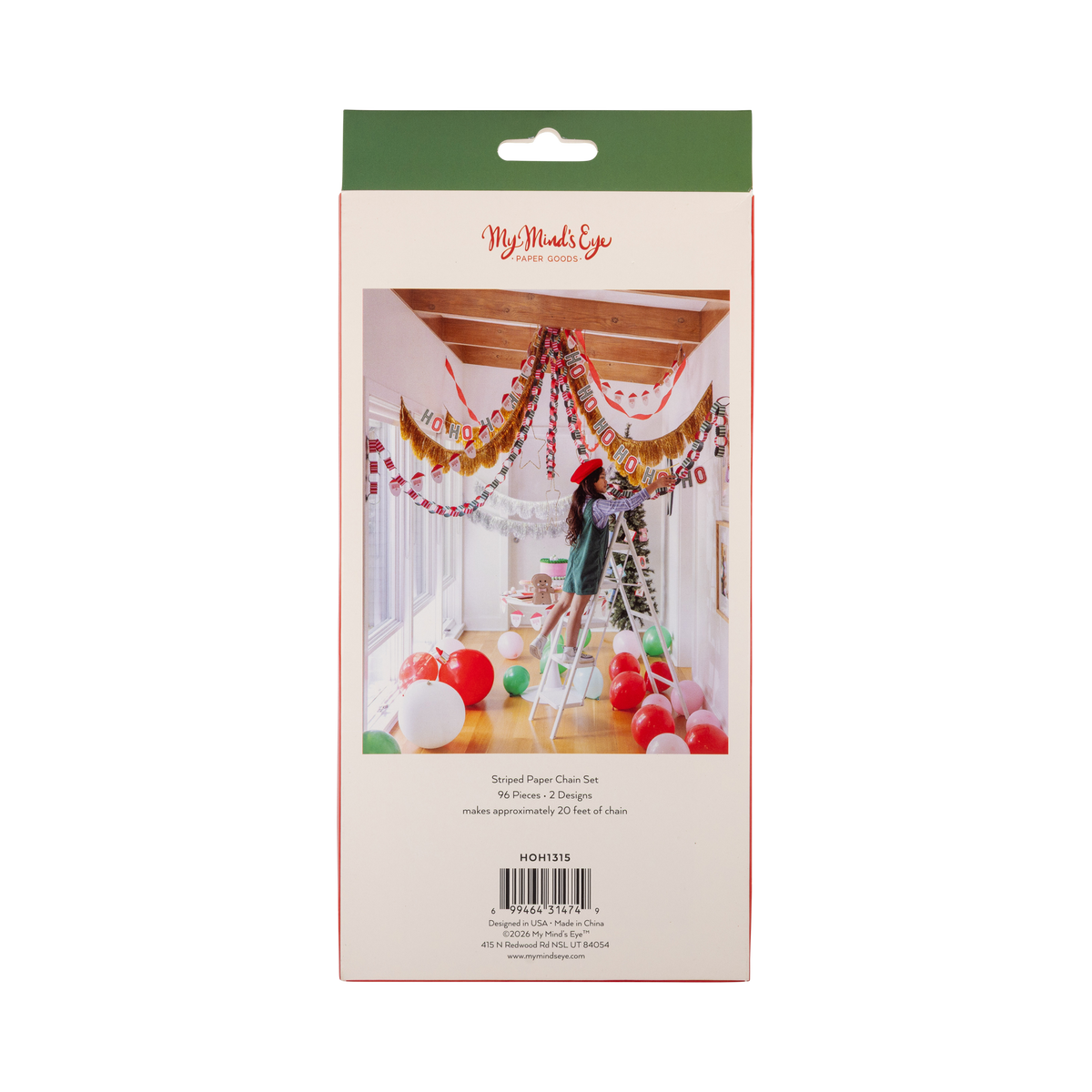 Back of the Christmas paper chain kit packaging showing product details and barcode