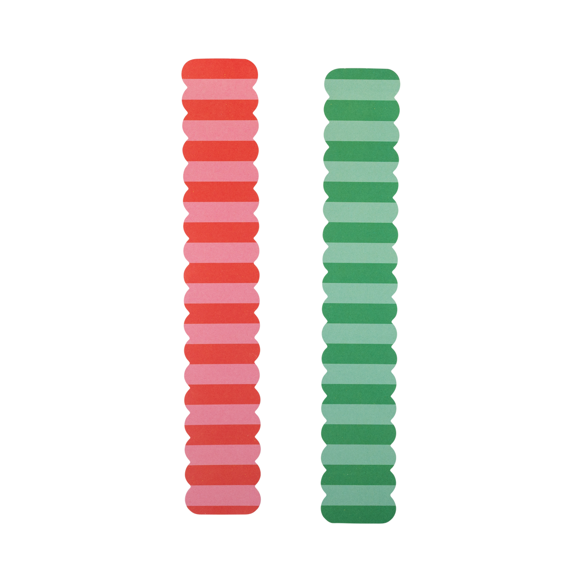 Red, pink and green striped Christmas paper chain strips shown flat in two designs