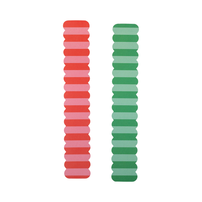 Red, pink and green striped Christmas paper chain strips shown flat in two designs