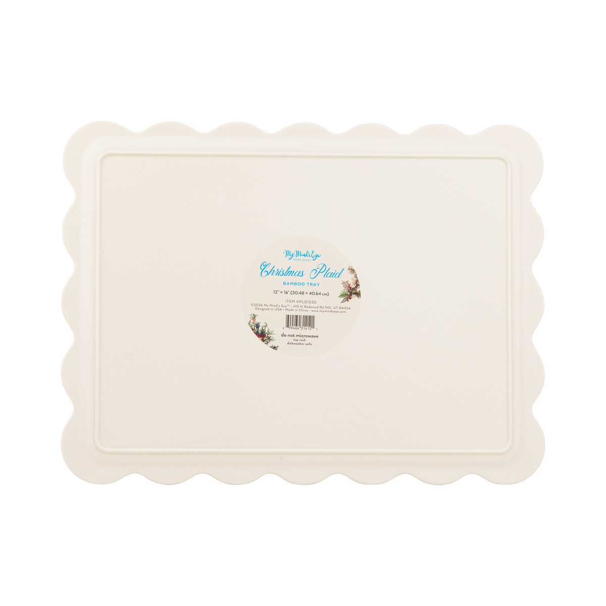 Back of the Christmas plaid bamboo tray showing the cream underside and product label