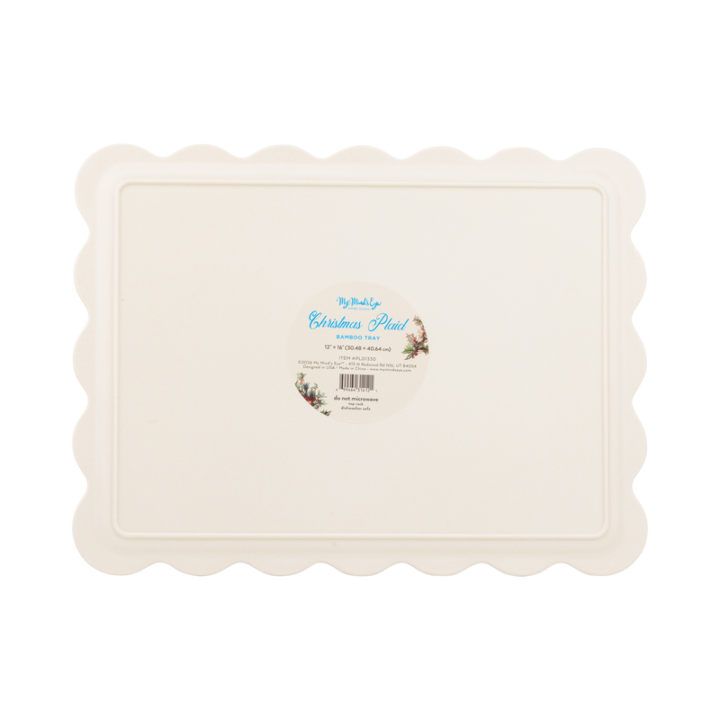 Back of the Christmas plaid bamboo tray showing the cream underside and product label