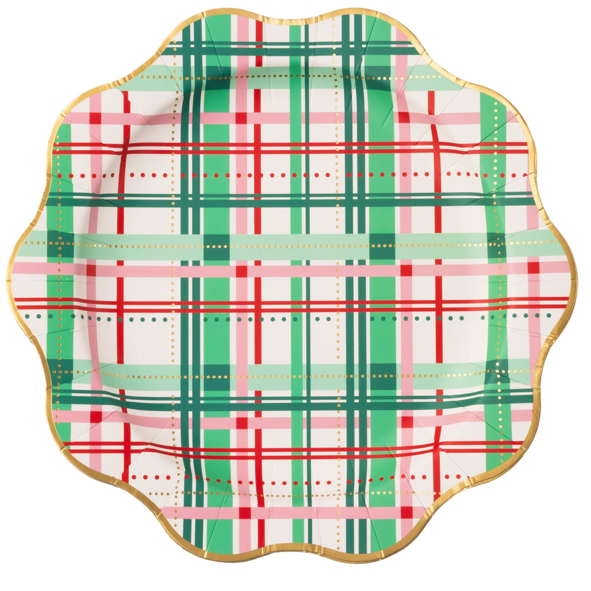 Single 11-inch scalloped dinner plate in pink-red-green plaid with gold rim—classic Christmas paper plates.