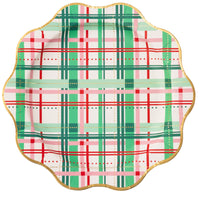 Single 11-inch scalloped dinner plate in pink-red-green plaid with gold rim—classic Christmas paper plates.