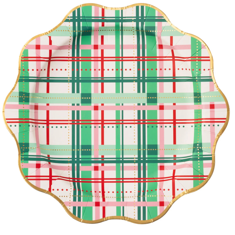 Single 11-inch scalloped dinner plate in pink-red-green plaid with gold rim—classic Christmas paper plates.