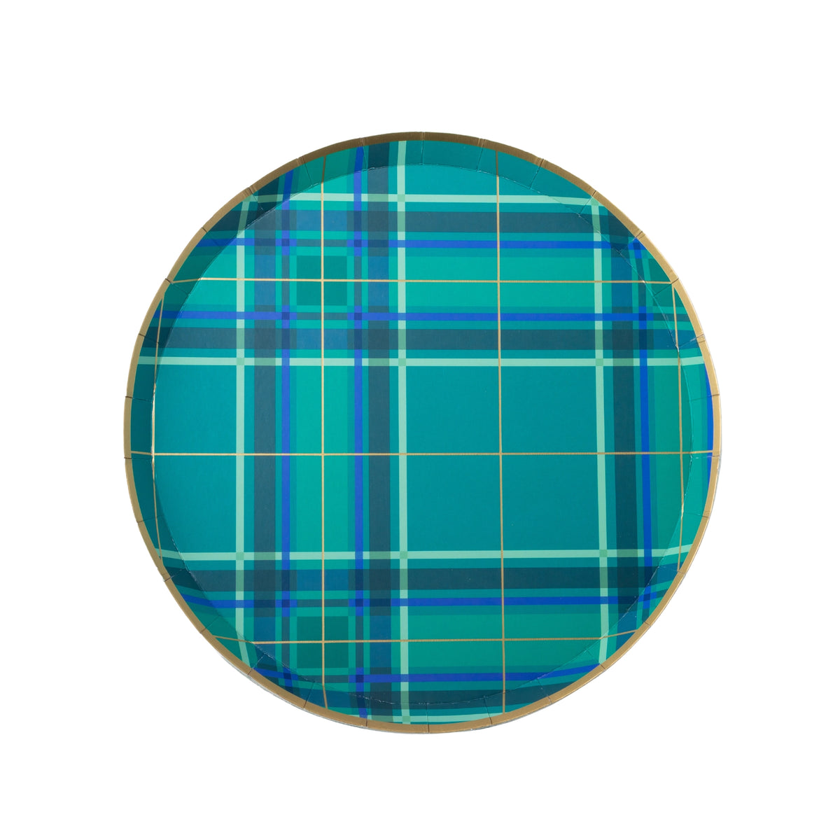 Green and blue tartan plaid Christmas small plate with a gold rim, shown top-down