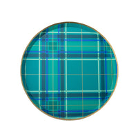 Green and blue tartan plaid Christmas small plate with a gold rim, shown top-down