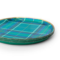 Green and blue plaid Christmas plates shown stacked at an angle