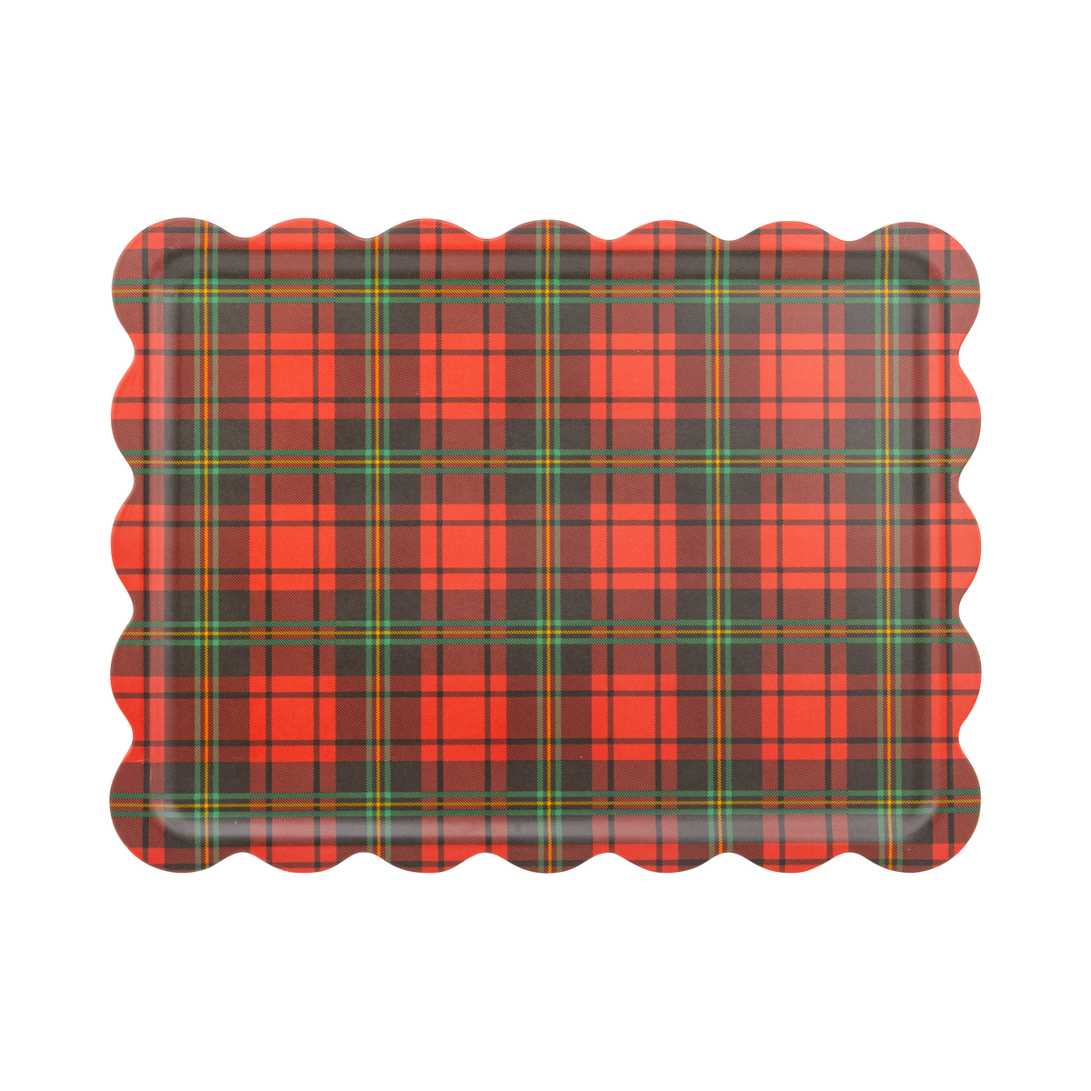 Red, green and gold Christmas plaid scalloped bamboo serving tray