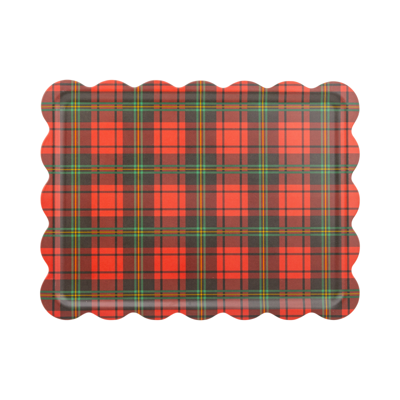 Red, green and gold Christmas plaid scalloped bamboo serving tray