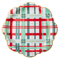 Red green and mint Christmas plaid paper plate with a gold foil scalloped edge